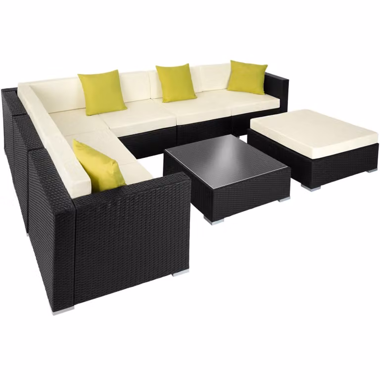 Conjunto de ratán moderno Tectake para 7 personas con estructura de aluminio, mesa de centro y otomana en colores negro y verde