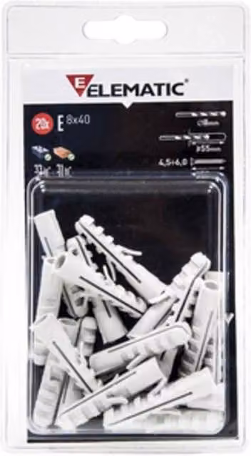 Set de 10 tacos universales de nailon Elematic con tornillos de 8 x 40 mm en color gris o blanco