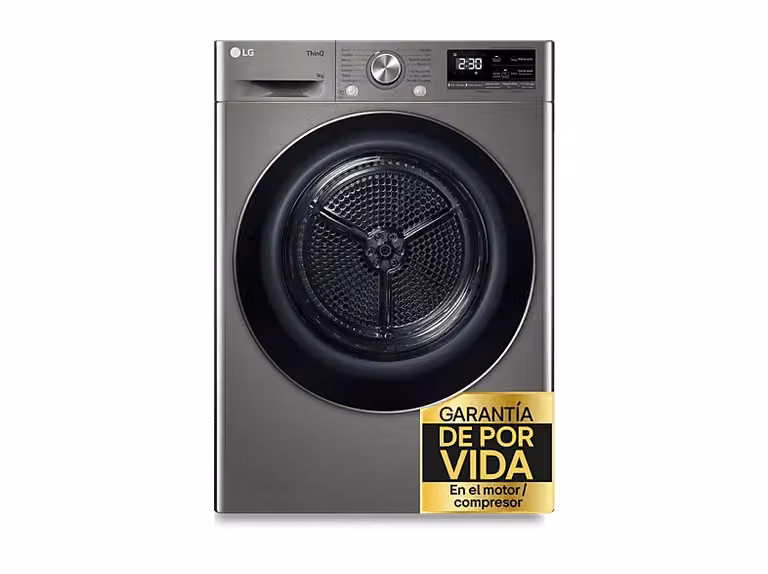 Secadora de bomba de calor LG RH90V9PV2N de 9 kg, color plata, con tecnología WiFi y autolimpieza de condensador, eficiencia A+++