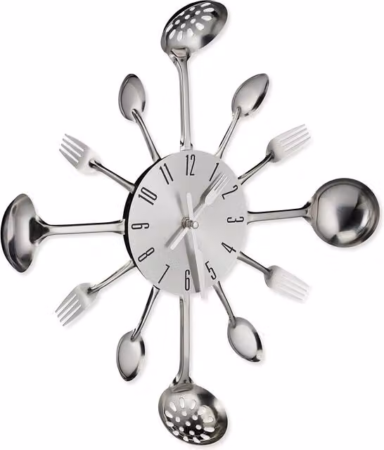Reloj de pared analógico Relaxdays con diseño de cubiertos en color plateado, Diámetro: 40 cm, Profundidad: 4 cm