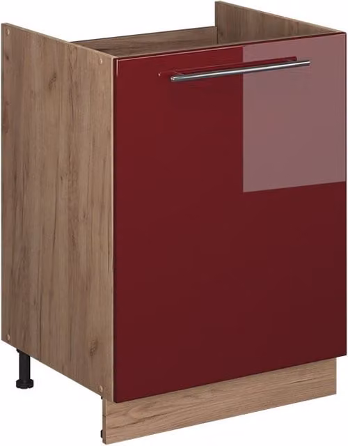 Mueble bajo para fregadero Vicco Fame-Line Rojo Burdeos alto brillo y Roble dorado, An: 60 cm, Al: 51,6 cm, P: 82 cm