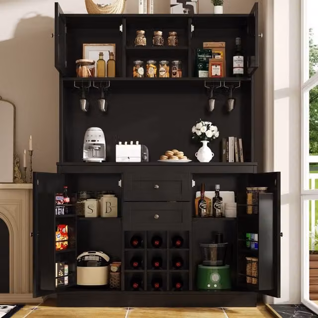 Aparador de cocina alto MODENVIE en negro con 4 puertas, 2 cajones, estantes internos, botellero y portavases, An/P/Al: 120 x 40 x 188 cm
