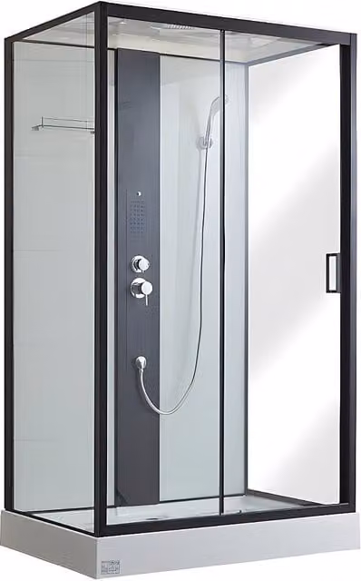 Cabina de ducha con hidromasaje VENTE-UNIQUE negra con lluvia tropical, ducha de mano y 2 zonas de jets de masaje, Ancho: 120 cm, Profundidad: 80 cm, Altura: 215 cm