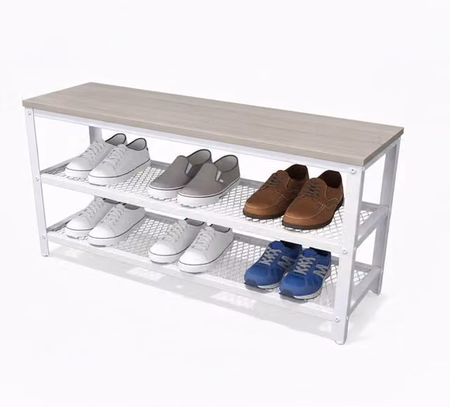Banco para zapatos NORTHIX con asiento y 2 estantes para recibidor en madera y metal color blanco y multicolor