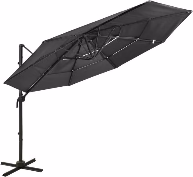 Sombrilla de jardín SYFAX de 4 niveles con palo de aluminio color antracita y cubierta de poliéster An/P/Al: 300 x 300 x 247 cm