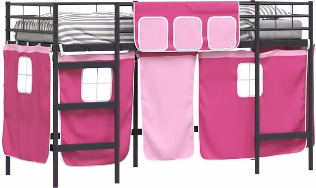 Estructura de cama alta para niños SYFAX de metal con cortinas de tela en negro y rosa, An/P/Al: 194 x 80 x 116 cm