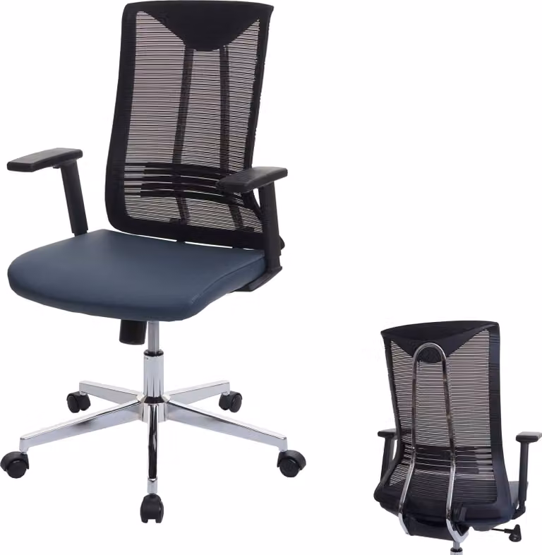 Silla de oficina ergonómica Mendler giratoria con piel sintética, color azul y gris, An/P/Al: 65 x 60 x 110 cm
