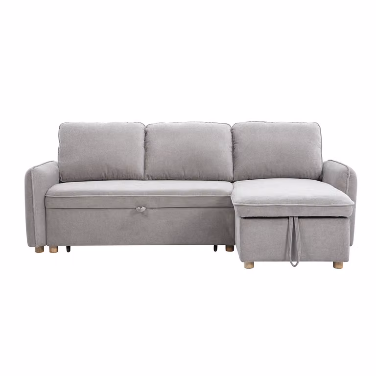 Sofá esquinero convertible y reversible Miliboo Orso de 3 plazas en tejido gris con arcón y madera clara An/P/Al: 212 x 139,5 x 83 cm