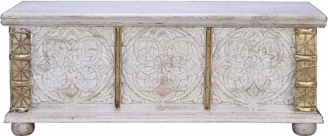 Baúl de madera de mango estilo rústico vintage Giner y Colomer en blanco y bronce An/P/Al: 116 x 45 x 40 cm