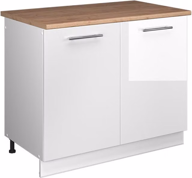 Mueble bajo para fregadero Vicco Fame-Line en blanco alto brillo y roble, An: 100 cm, Al: 82 cm, P: 60 cm