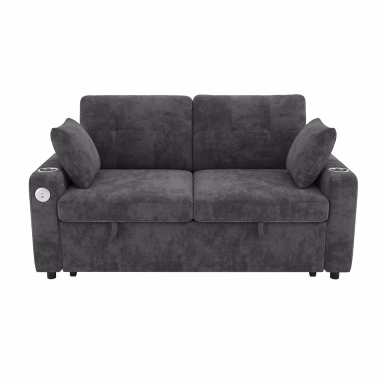 Sofá cama de 2 plazas MODFU en gris con carga USB/Type-C, luz LED y portavasos, An/P/Al: 141.5 x 131 x 83.5 cm