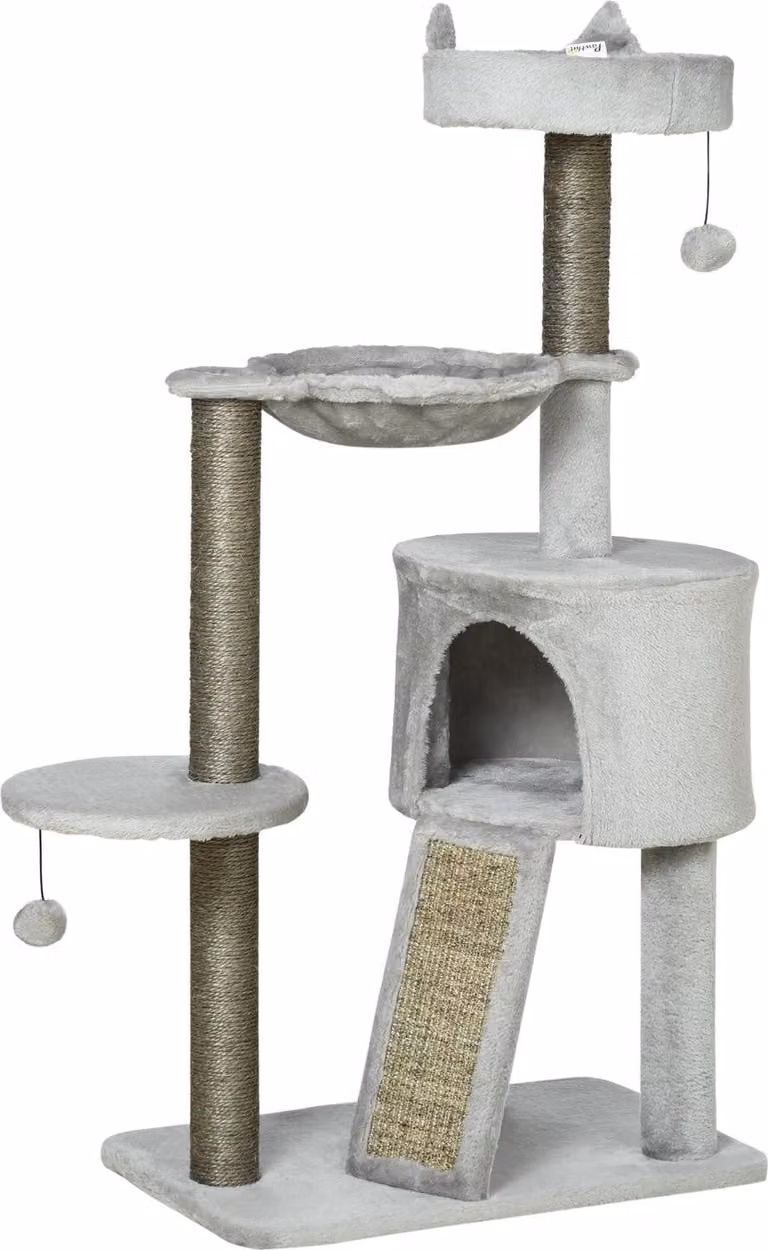 Árbol para gatos Northio con cueva, hamaca y juguetes integrados, color gris, Altura: 113 cm