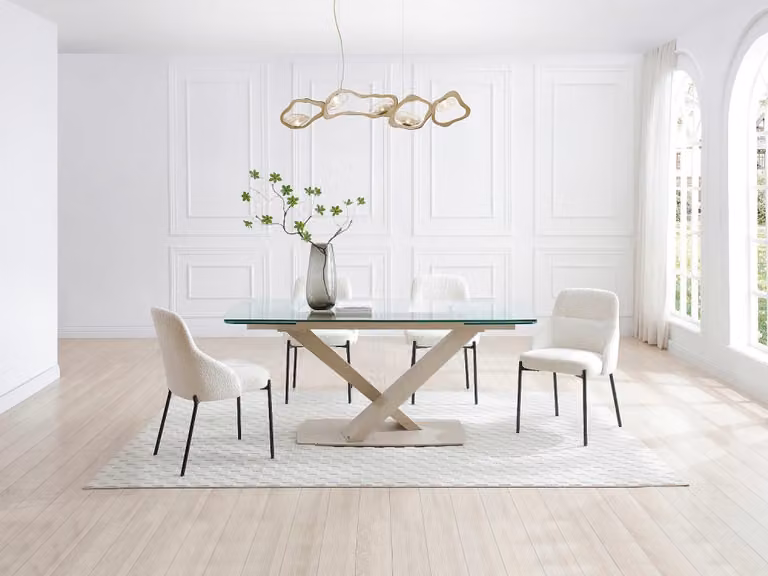 Mesa de comedor extensible Maison Céphy de vidrio templado y metal, rectangular, transparente y beige, para 6 a 10 personas, An/P/Al: 166 x 90 x 76 cm