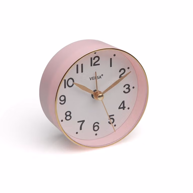 Reloj digital de mesa Versa Home con diseño minimalista redondo en plástico, colores rosa, blanco y dorado