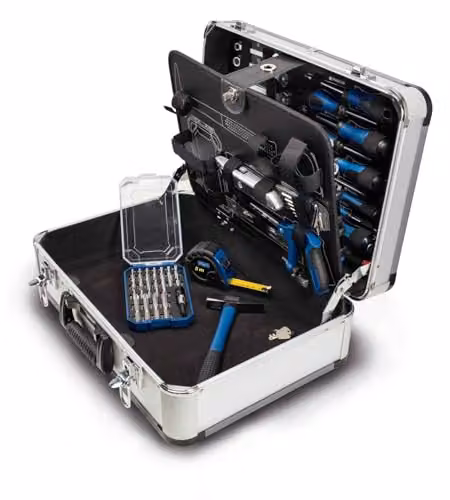 Kit de herramientas Scheppach TB150 de 101 piezas con maletín de aluminio en colores plata, azul y negro