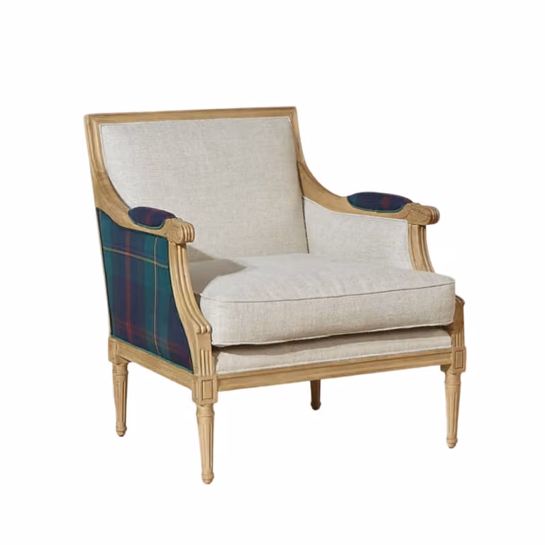 Sillón bergère clásico Robin des Bois de madera maciza y tejido beige con reposabrazos