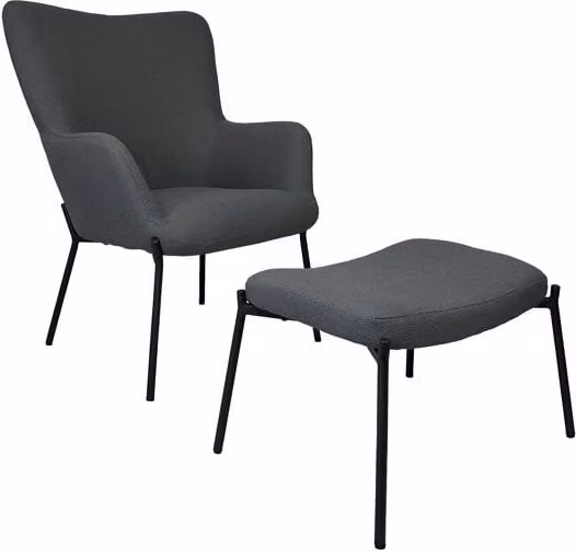 Sillón de tejido bouclé gris con reposapiés Eira de Happy Garden y estructura metálica negra