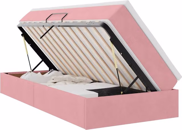 Cama con almacenamiento y colchón híbrido SYFAX en terciopelo rosa y negro An/P/Al: 90 x 200 x 48.5 cm