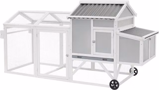 Gallinero para exterior ECD Germany de madera de abeto con corral, ruedas, caja de nido y bandeja extraíble