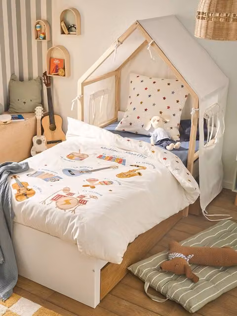 Cama infantil tipo cabaña VERTBAUDET de madera y MDF con zona de juego y cajones, color blanco, An/P/Al: 90 x 190 x 145 cm