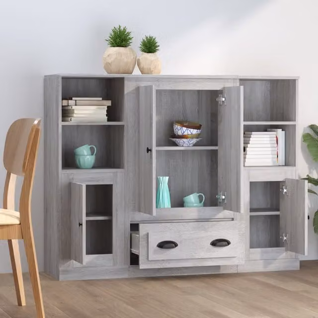 Aparador alto de 3 piezas SYFAX en madera MDF color gris mate con puertas de bisagra y estantes internos para colgar en la pared
