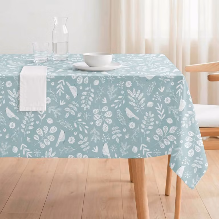 Mantel rectangular antimanchas con diseño floral de hojas en color verde menta y blanco, An/P: 140 x 200 cm