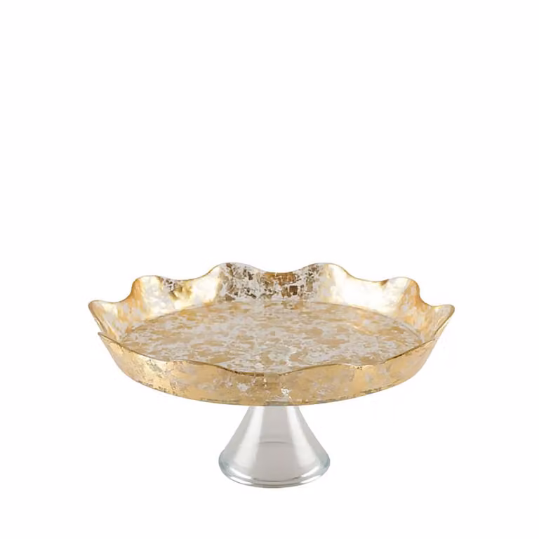 Plato para pasteles sobre pie de cristal Aulica con encaje dorado y forma redonda