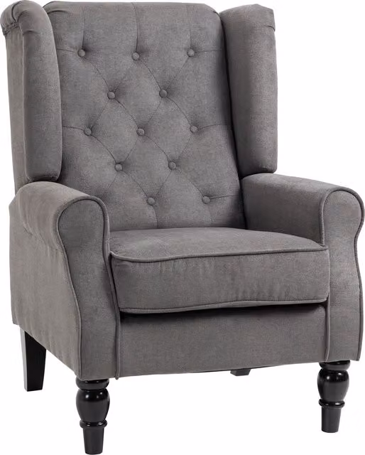 Sillón orejero de diseño vintage HOMCOM estilo Chesterfield con patas de madera en gris y negro