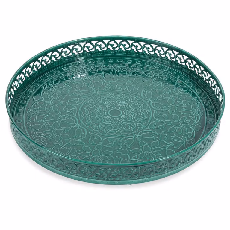 Bandeja redonda de hierro de Maison du Monde en color verde con diseño floral estilo boho, Diámetro: 25 cm
