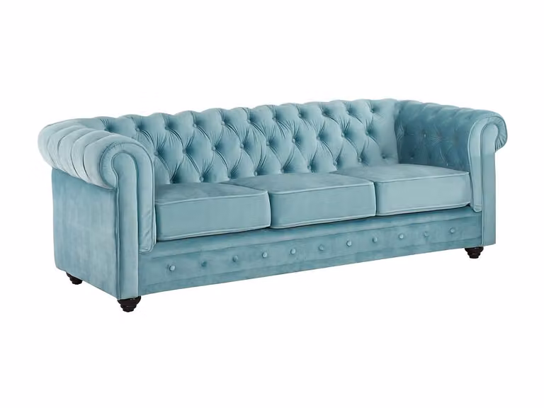 Sofá Chesterfield de 3 plazas tapizado en terciopelo azul de VENTE-UNIQUE con estructura de madera sólida y fundas extraíbles An/P/Al: 205 x 88 x 72 cm