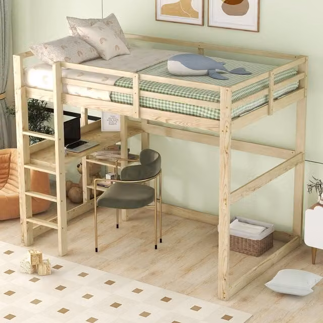Cama alta infantil MODENVIE de pino y MDF con escritorio y compartimentos laterales, color blanco y beige, An/P/Al: 140 x 200 x 206 cm