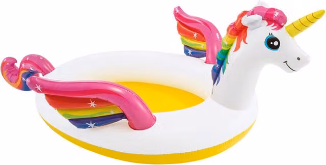 Piscina hinchable infantil Intex Unicornio multicolor con pulverizador y tapón de drenaje, An/P/Al: 272 x 193 x 104 cm