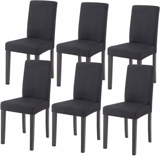 Conjunto de 6 sillas de comedor Hamburg en color negro de en.casa con acabado en tela y estructura de madera y plástico, Al: 89 cm, An: 43 cm, P: 54 cm