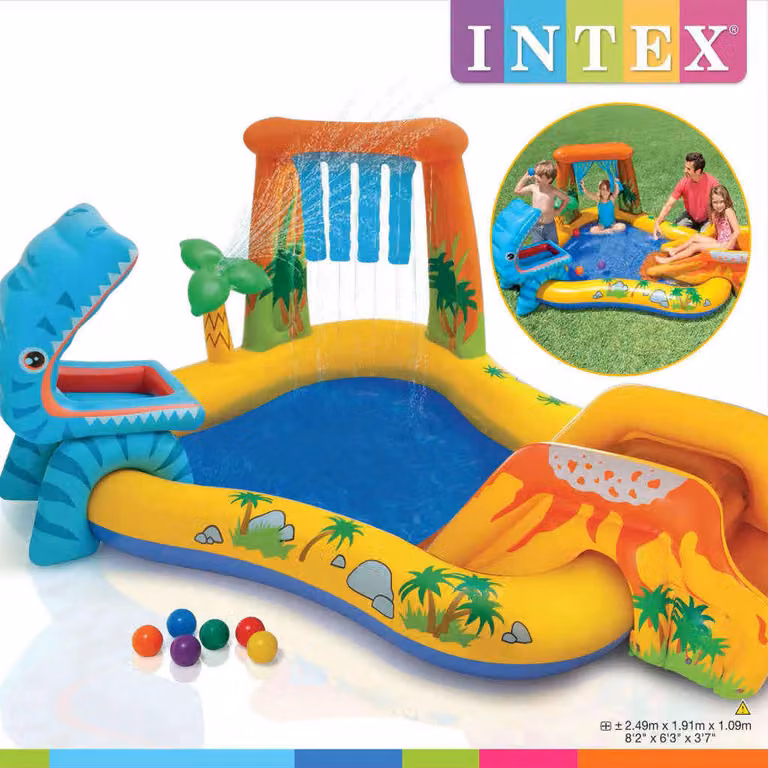 Piscina inflable Intex Dinosaur Play Center multicolor con tobogán y pulverizador An/P/Al: 249 x 191 x 109 cm