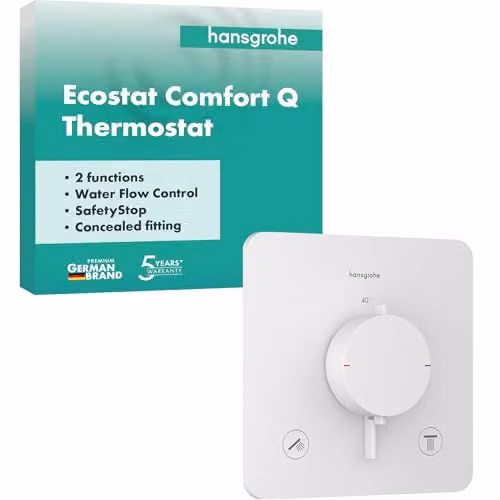 Termostato de ducha empotrado Hansgrohe Ecostat Comfort Q con SafetyStop, monomando de 2 funciones, blanco mate