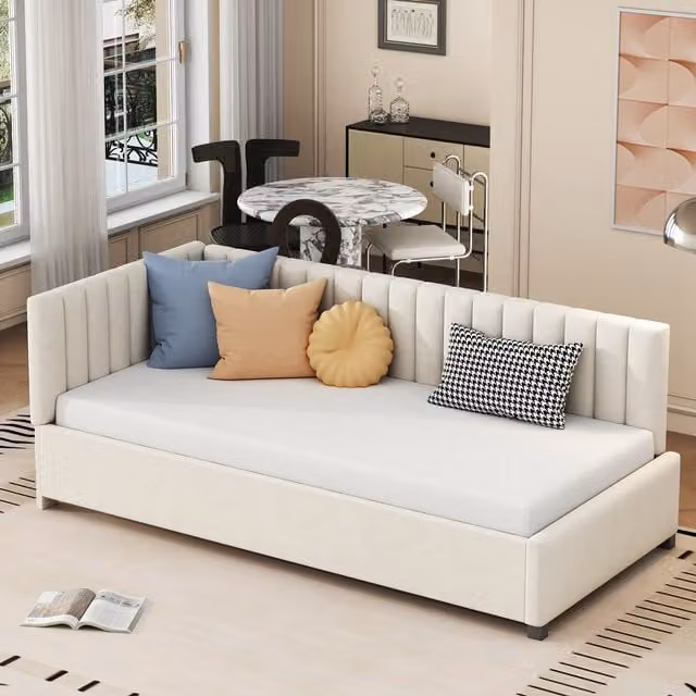 Cama Diván MODENVIE de 1 Plaza con Cabecero Tapizado en Terciopelo Beige, An/P/Al: 90 x 200 cm