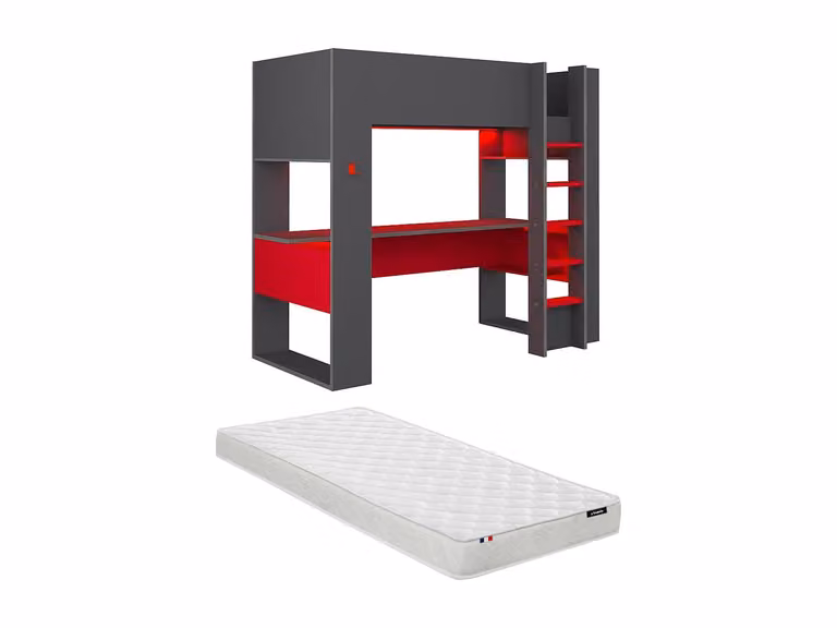 Cama alta gamer Noah de Vente-Unique con escritorio, compartimentos y luces LED, color antracita y rojo, incluye colchón, An/P/Al: 200 x 90 x 183 cm