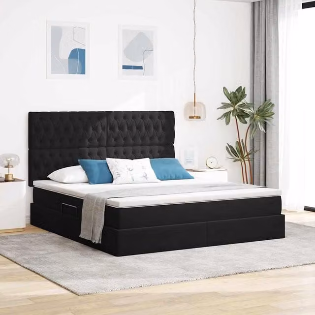 Cama con almacenamiento y colchón híbrido Maison Exclusive en terciopelo negro, An/P/Al: 160 x 200 x 28 cm