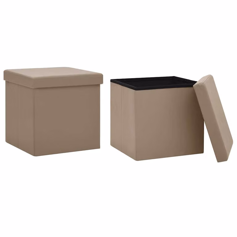 Set de 2 taburetes de almacenaje plegables vidaXL en color marrón con acabado de piel sintética y estructura de madera