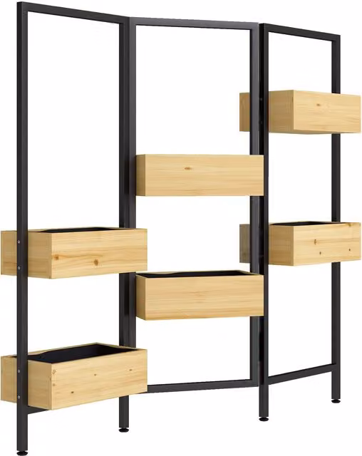 Divisor de plantas plegable NORTHIX con 6 jardineras de madera de abeto y estructura de metal negra mate, An/P/Al: 112 x 20 x 116 cm
