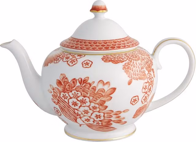 Tetera Coralina de porcelana Vista Alegre con diseño floral en colores rojo, naranja, dorado y blanco