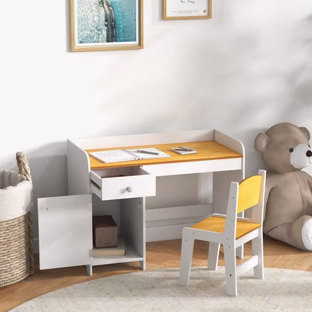 Conjunto de escritorio y silla para niños ZONEKIZ de 2 piezas con cajón y armario en color blanco y natural de estilo escandinavo