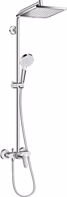 Sistema de ducha Hansgrohe Crometta E con grifo monomando, ducha lluvia rectangular y ducha de mano con dos tipos de chorro, acabado cromado