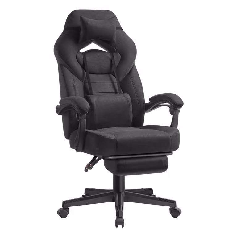 Silla Gaming Ergonómica SONGMICS en Imitación Cuero Negro con Reposacabezas y Anillo de Apoyo para los Pies, An/P/Al: 70 x 70 x 122-134 cm