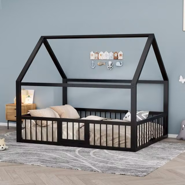 Cama Infantil Doble Tipo Cabaña HAUSS SPOLE de Metal Negro con Barandillas y Puerta de Seguridad An/P/Al: 140 x 200 x 144 cm
