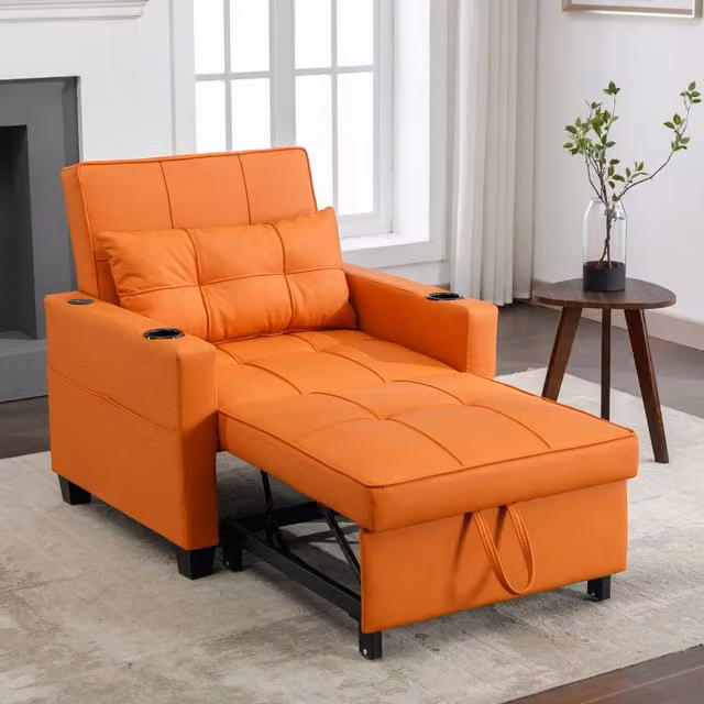 Sofá Cama Individual Extensible 3 en 1 Kellany con Portavasos y Puerto USB en Color Naranja con Estructura de Metal y Tapizado de Piel Sintética