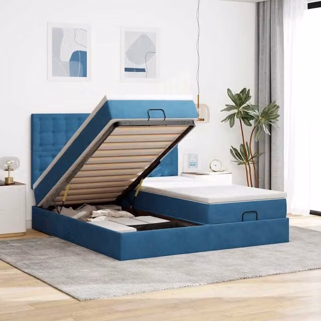 Estructura de cama otomana Maison Exclusive en terciopelo azul oscuro con base abatible, iluminación bajo la cama y puerto de carga USB, An/P/Al: 160 x 200 x 118 cm
