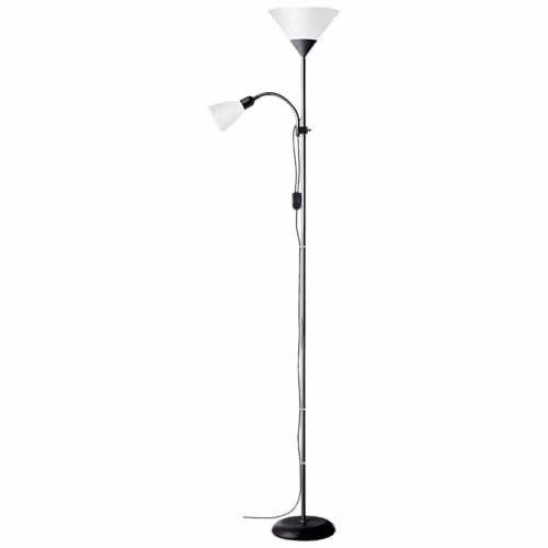 Lámpara de pie Brilliant Spari uplighter con brazo de lectura ajustable en negro y blanco para salón u oficina en casa