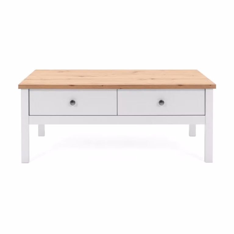 Mesa de centro rectangular Calicosy con 2 cajones en acabado blanco y roble An/P/Al: 100 x 55 x 40 cm