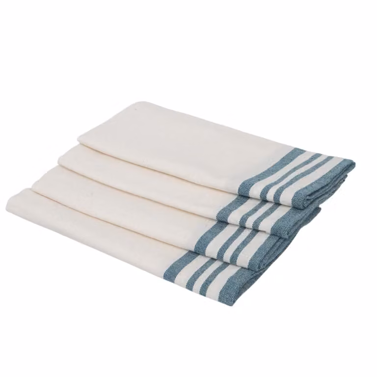 Set de 4 servilletas de algodón Mahdia con diseño de rayas en blanco y azul petróleo, An/An: 45 x 45 cm